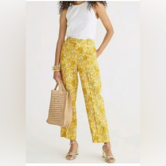 J CREW Ingrid Limone Floral Yellow White lemon fruit print linen Pants 10 NEW! - Picture 2 of 8